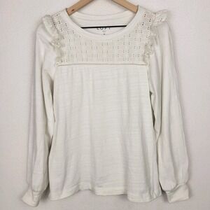 LOFT Eyelet Yoke Ruffle Shoulder Sweatshirt Womens M Whisper White Romantic